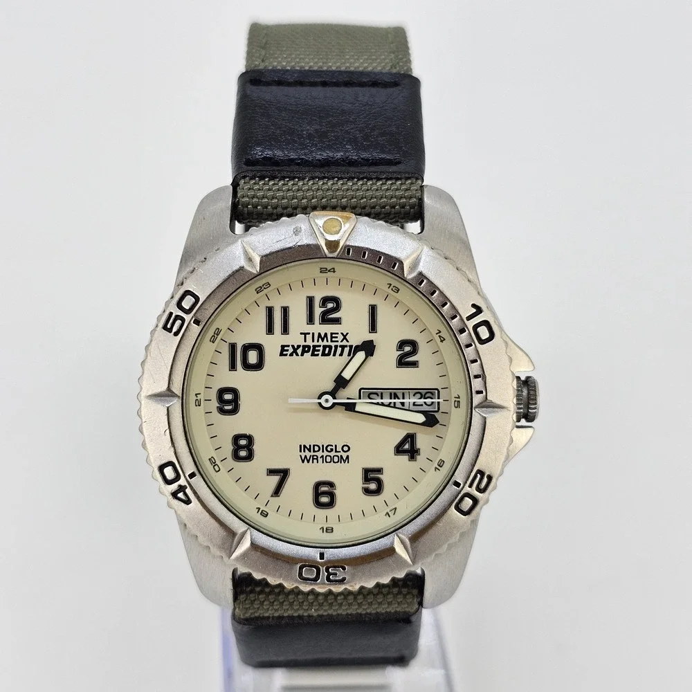 Timex Expedition Men Watch 38MM Cream Dial NEW Green Nylon Bands New Battery